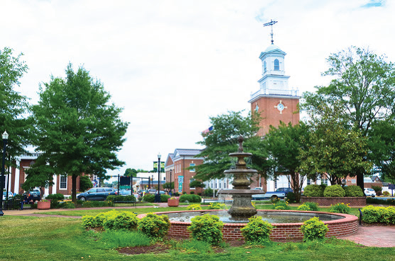 Fountain at the center of 'The Circle,' Georgetown, with historic buildings in background